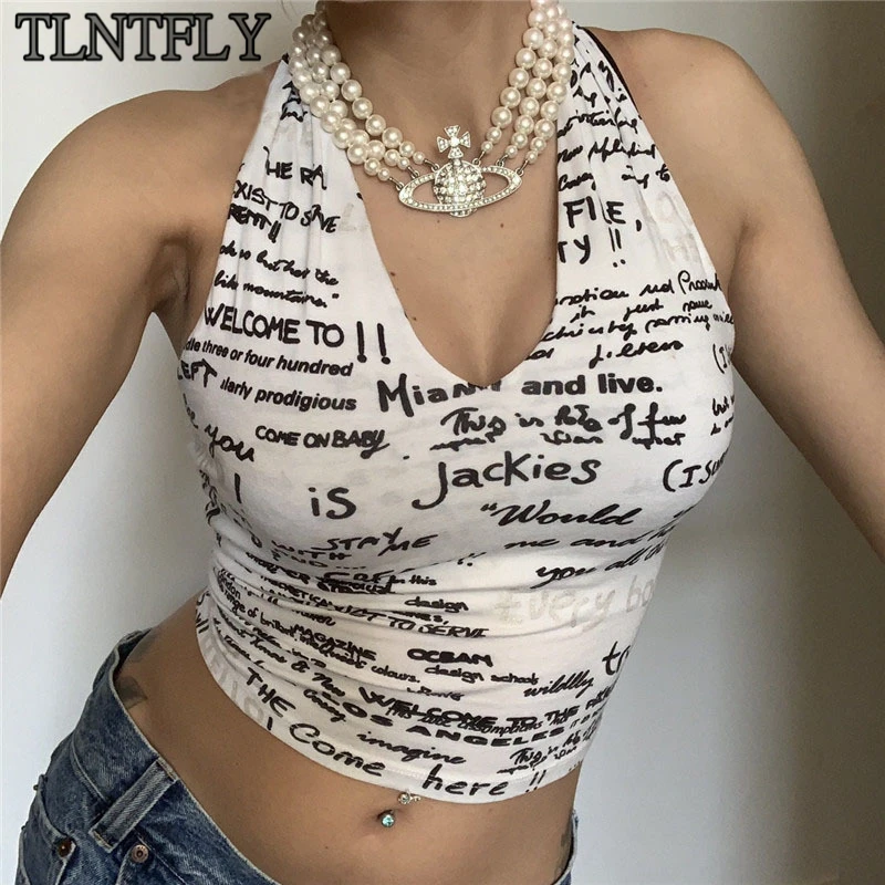

TLNTFLY Fashion Letter Print Halter Crop Tops for Women Summer Backless Sleeveless V Neck Tank Top Cropped Streetwear
