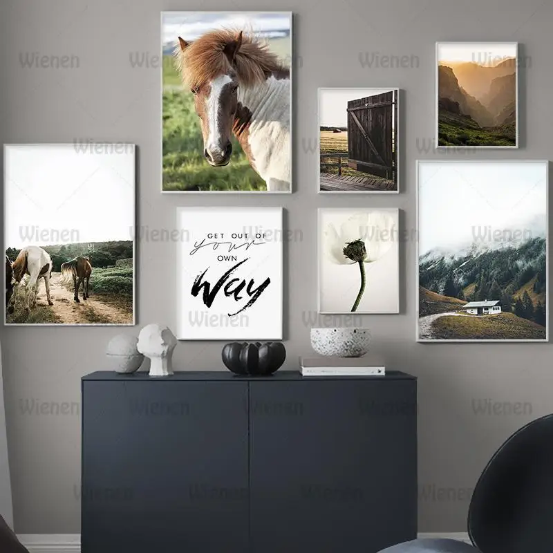 

Scenery Farm Horse Canvas Painting Gental White Flowers Wall Art Pictures Sunset Mountain Nordic Posters and Prints Home Decor