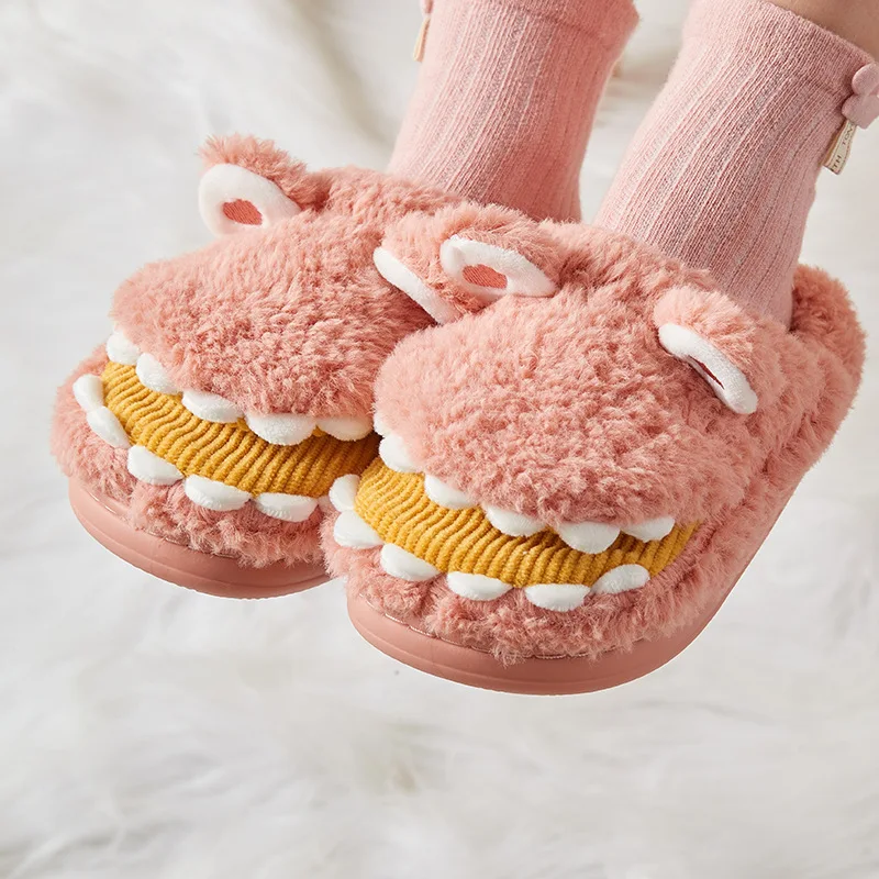 

Girls Boys Slippers 2021 Cute Dinosaur Children Winter Warm Plush Flat Fluffy Furry Slides Home Indoor Cover Heel Cotton Shoes