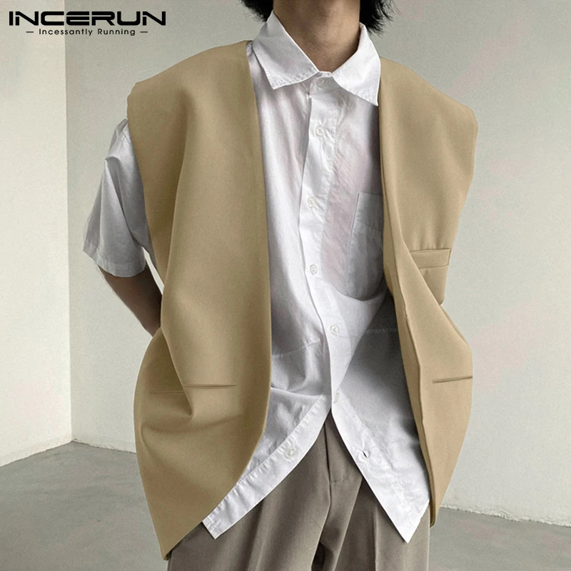 

Men Solid All-match Simple Vests Male Casual Streetwear Style Collarless Party Nightclub Irregular Waistcoat S-5XL INCERUN 2022