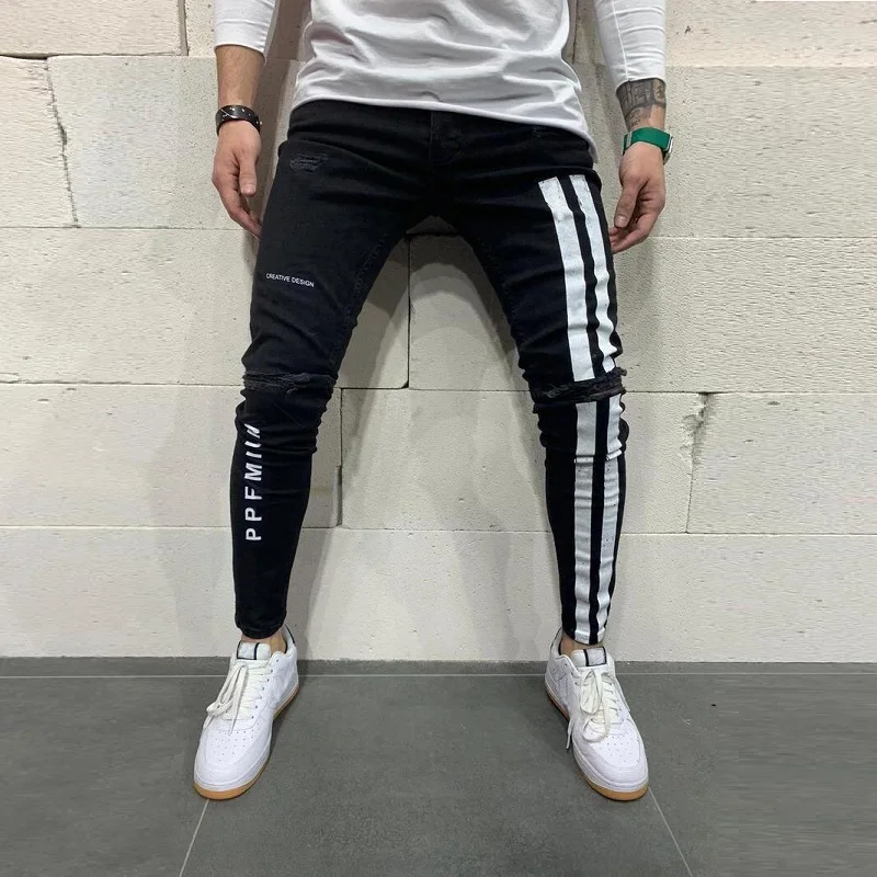 

Jeans for Men Fashion 2020 Letter Printing New Men's Slim Fit Ripped Feet Pants Paint Printed Jeans Men Black Denim Trousers