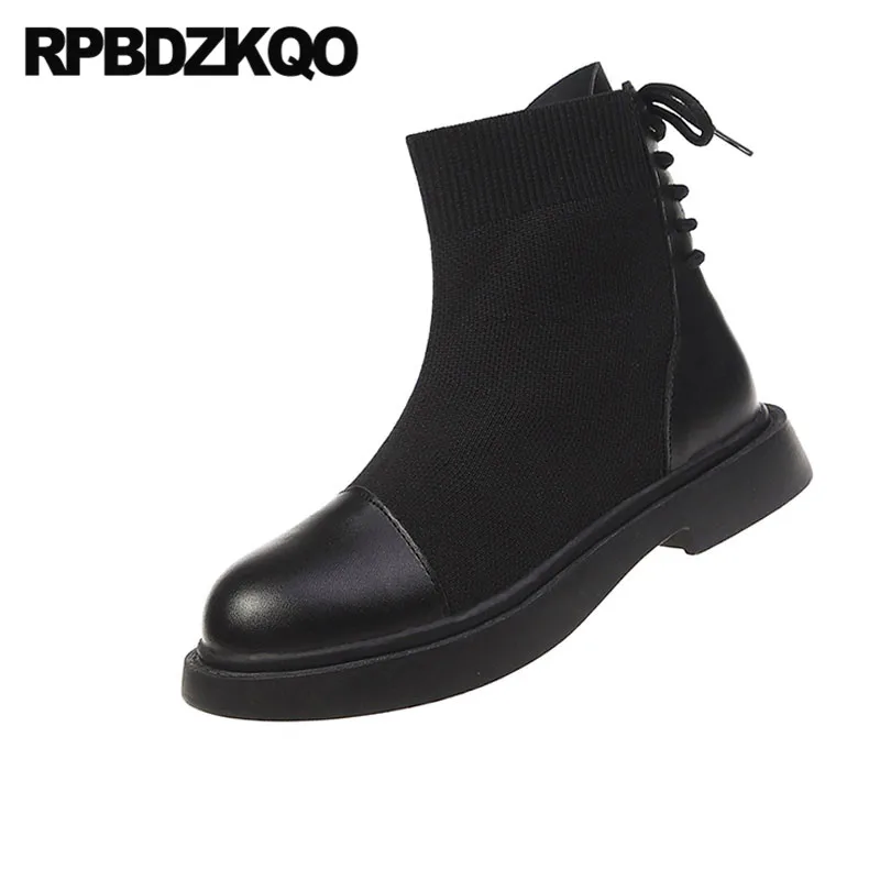 Женские ботильоны на шнуровке черные недорогие вязаные ботинки плоской подошве