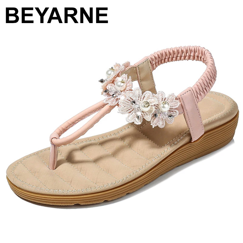 

BEYARNE/Женская обувь на плоской подошве в богемном стиле с открытым носком и жемчужной цепочкой; Женская Повседневная Удобная обувь с Т-образн...