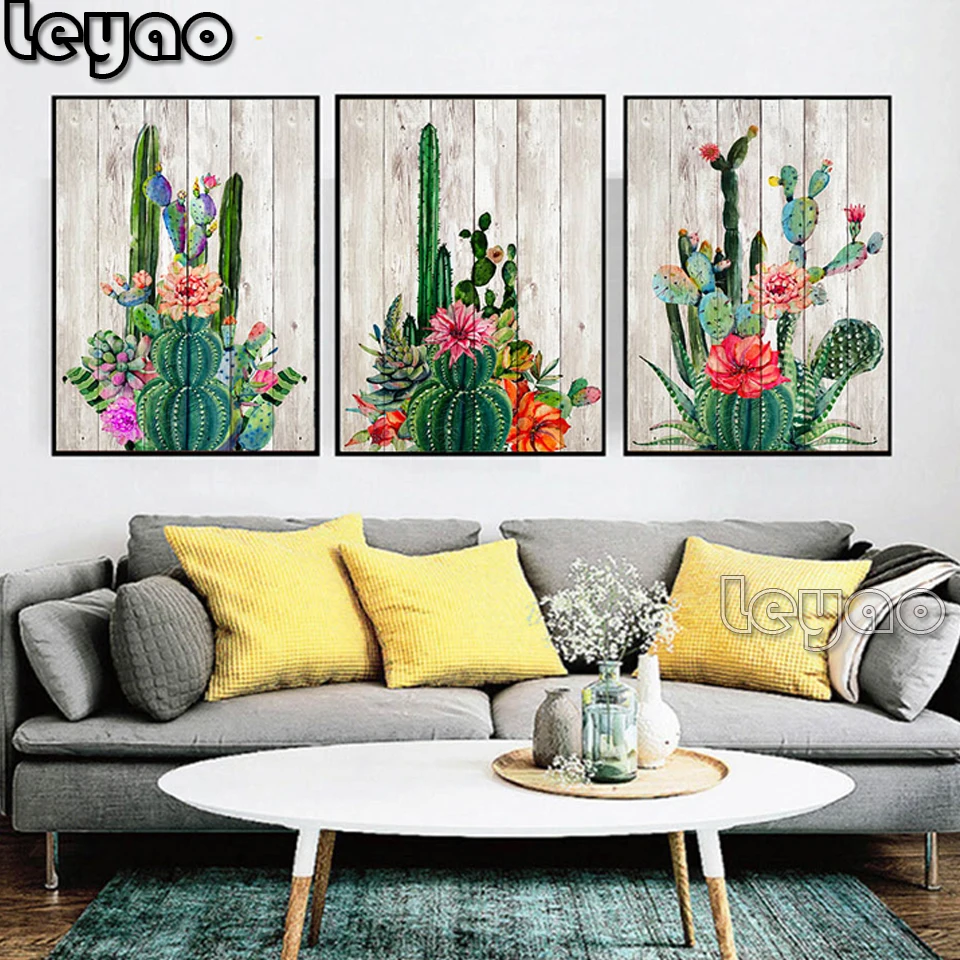 

Набор для вышивки крестиком, 3 шт., картина с камнями, простая жизнь, Зеленый Кактус, пустынная Растительная живопись, алмазная вышивка