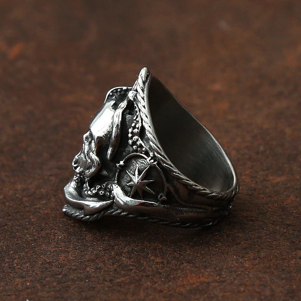 

Gothic Pirate Skull Ring For Men Unique Pirate Octopus Anchor Adsorption Compass Ring Male Stainless Steel Skull Biker Ring