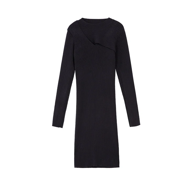 

DEAT New Autumn And Winter Fashion Casual Long Sleeve Solid Color Temperament Hollow Out Slim Knitting Long Dress Women SF857