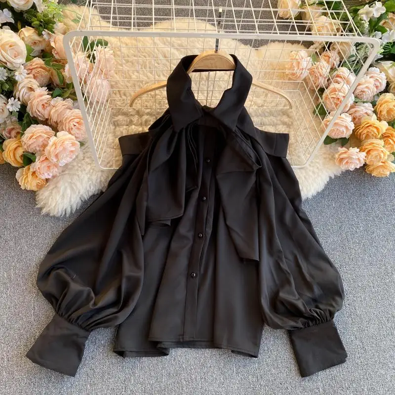 

2021 Spring New Ladies Solid Color Bow Strapless Halter Shirt Ladies Puff Sleeve Fashion Top Chiffon Blouses