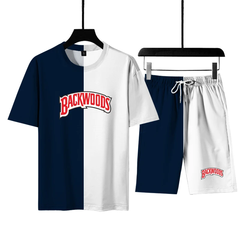 

New color matching 2-piece backwoods digital printing summer thin T-shirt sports men's fashion casual hip hop style Shorts Set