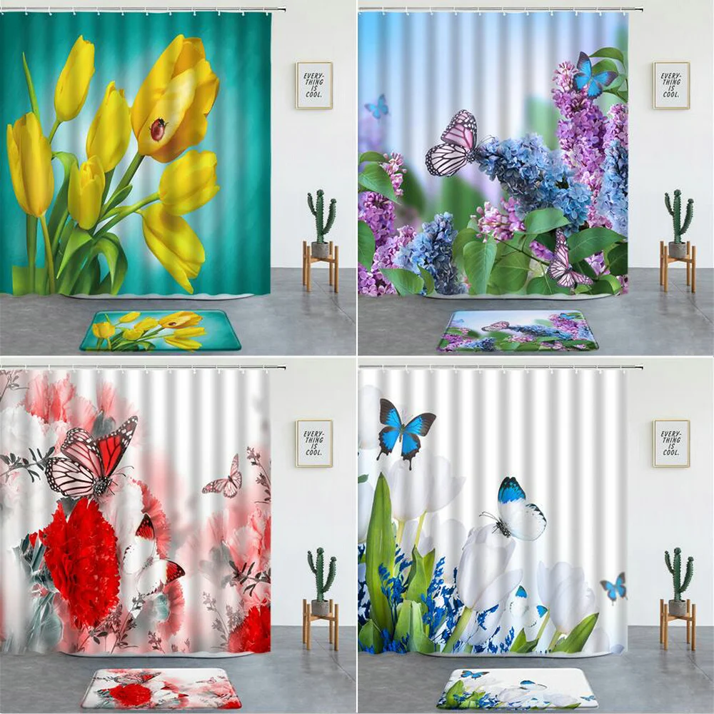 

Tulip Flowers Butterfly Shower Curtains Set Bath Mats Yellow Pink Floral Scenery Bathroom Decorative Screen Non-Slip Rugs Carpet
