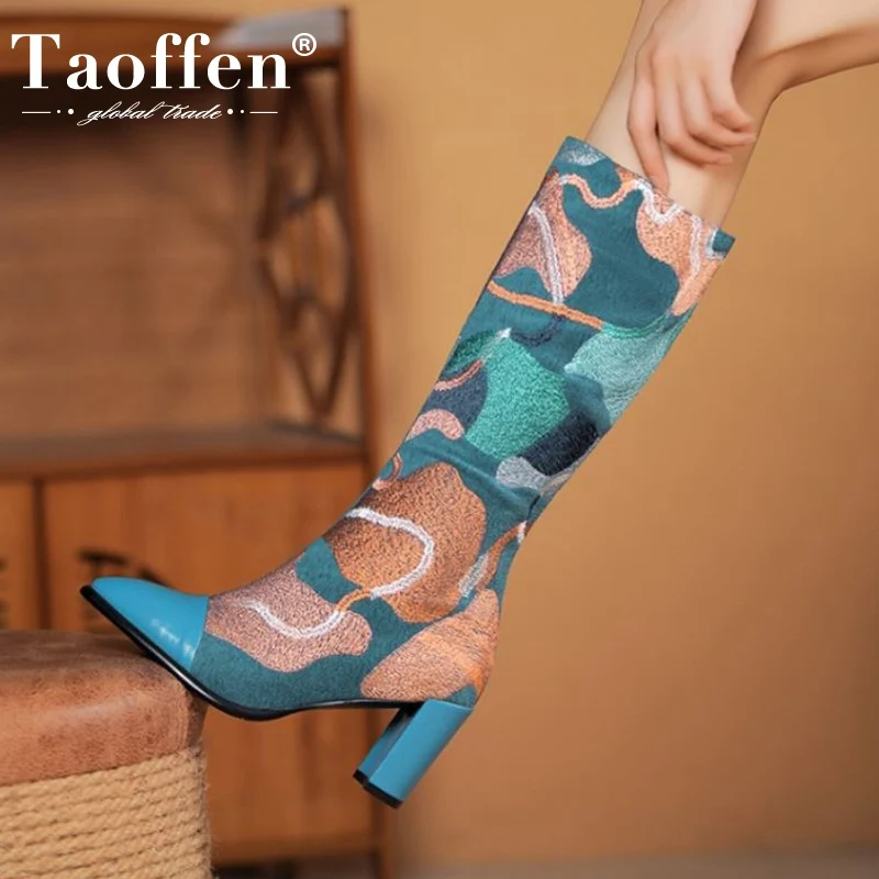 

Taoffen Size 33-43 Women Fashion Shoes Mid Calf Boots Thick High Heels Mixed Color Party Club Outdoor Winter Ladies Footwear