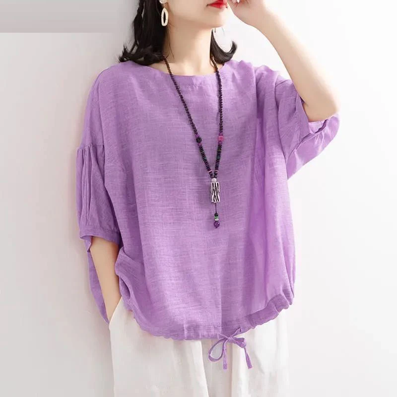 

New Summer Arts Style Women Batwing Sleeve O-neck T-shirt Drawstring Design Cotton Loose Tee Shirt Femme Tops Big Size M121