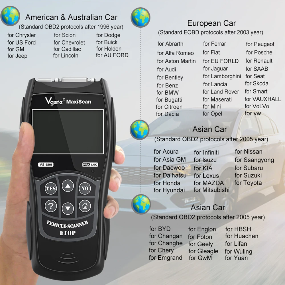 Считыватель кодов VGATE VS890 OBD2 универсальный сканер Многоязычный и диагностический