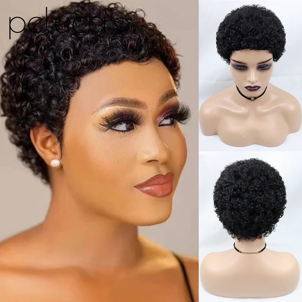 

peluca Afro Short Curly Hair Wigs For Women 150% Density Brazilian Human Hair Pixie Cut Peruvian Wigs Kinky Curly Wig Perruque