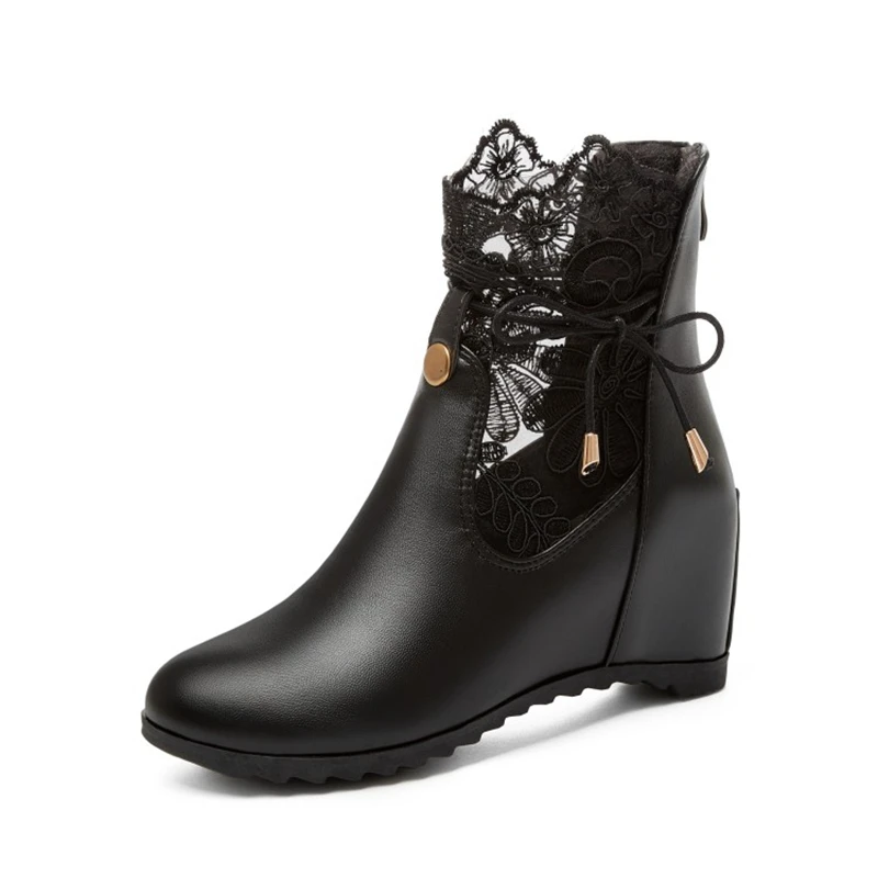 

Women's Ankle Boots Internal Wedges Ladies Leather Lace New Boots Student Autumn Winter Shoes Bottes Botines Plus Size 34-43
