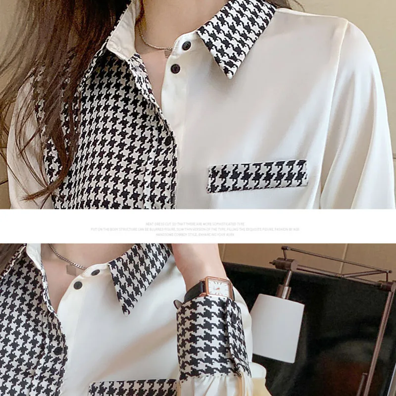 

Office Lady Blouses Femme 2021 Houndstooth Satin Spliced Tops Patchwork Korean Fashion Clothing Women Long Sleeve Shirt