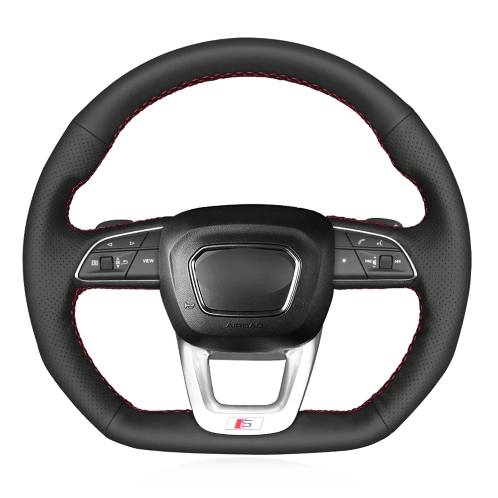 Hand-Stitched Black Artificial Leather Car Steering Wheel Cover For Audi Q3 2018-2019 Q5 (FY) 2017-2019 Q7 (4M) 2015-2019 Q8