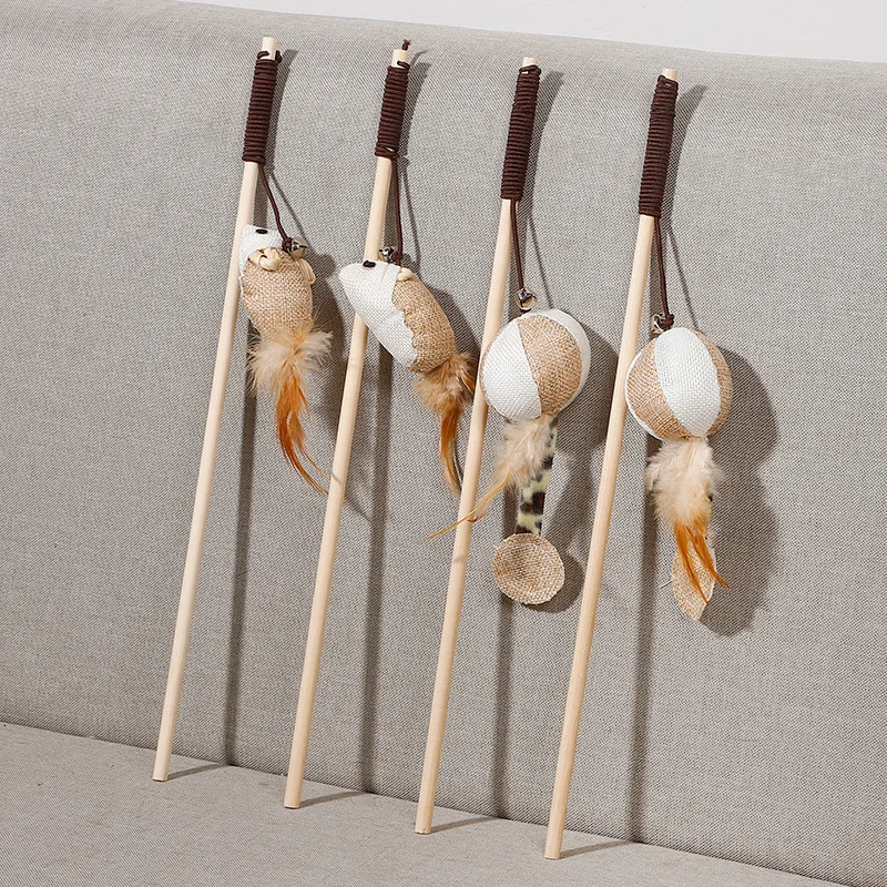 

Handmade Wooden Pole Tease Cat Toy Mouse Ball Cotton Linen Feather Wooden Pole Tease Cat Stick