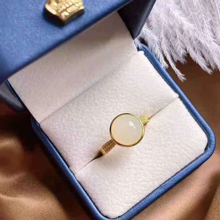 

S925 Sterling Silver Natural Hetian Jade Gold Elegant High-End Chinese Style Women's Adjustable Ring Classical White Jade Ring