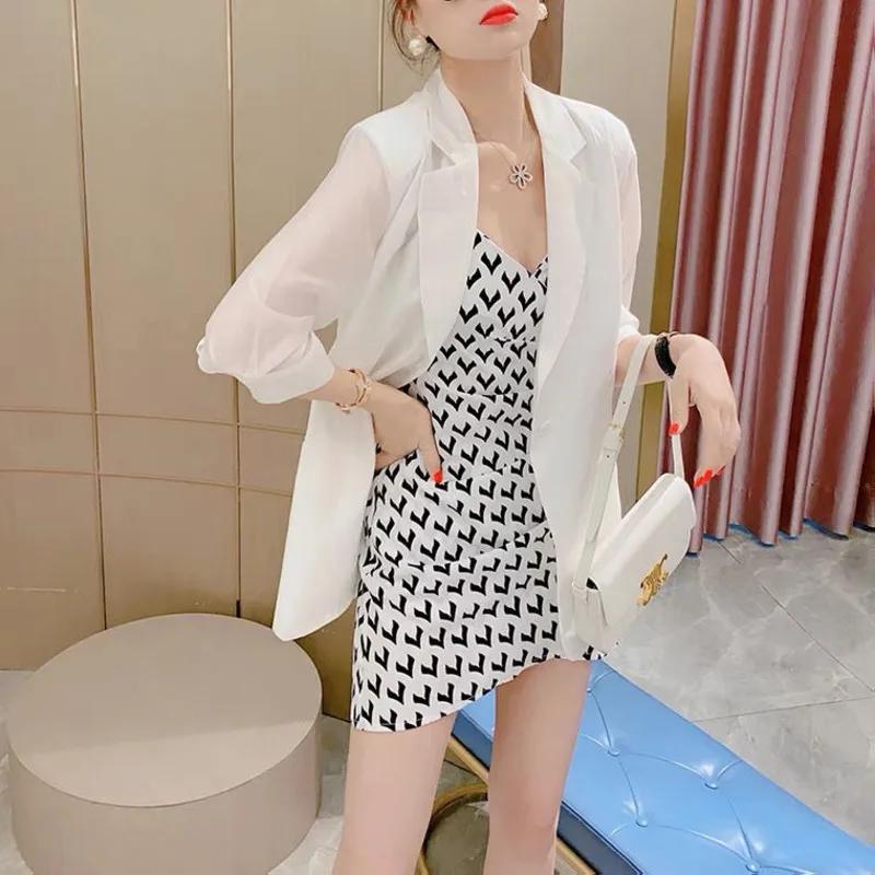 

2021 Summer New Women Elegant Suspender Dress Suit Set High-end Temperament Goddess Fan Thin Suit Two Piece Suit Blazer Mujer