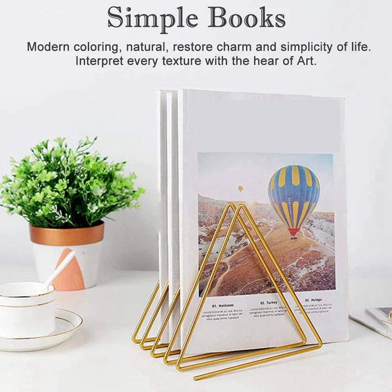 

2Pcs Geometric Bookends with Matte Finish Decorative Iron Book Stoppers with 2Pcs Desktop Magazine File Holder
