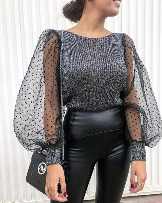 New Winter Womens Organza Ruffled Sleeve Solid Color Knitted Pullover Sweater Patchwork Mesh Casual Club Short Tops | Женская одежда
