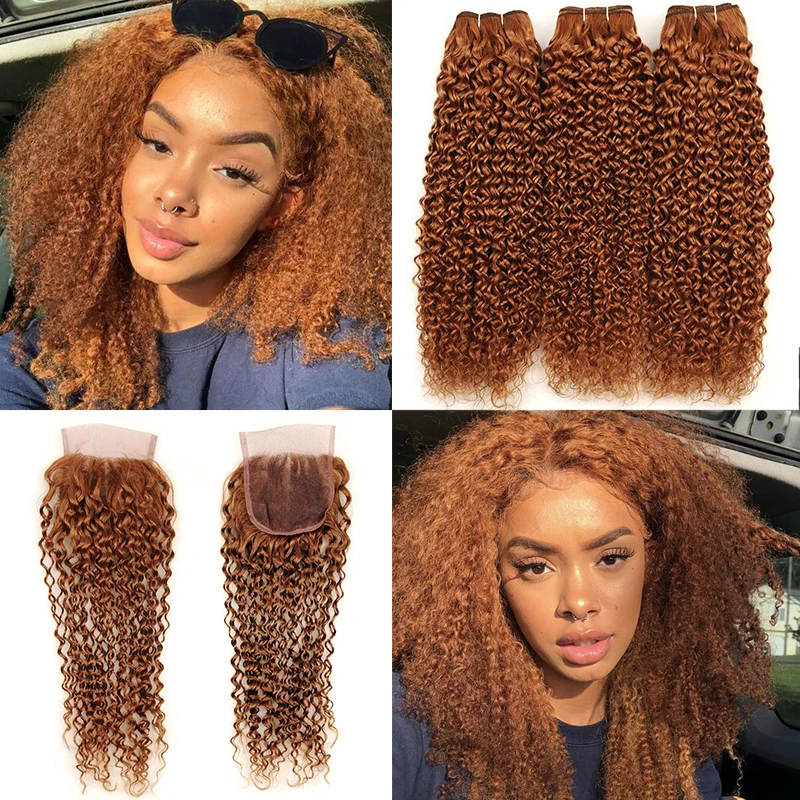 Pinshair блонд цвет 30 кудрявые вьющиеся пряди с закрытием человеческие волосы пряди с закрытием не Реми бразильские вплетаемые пряди