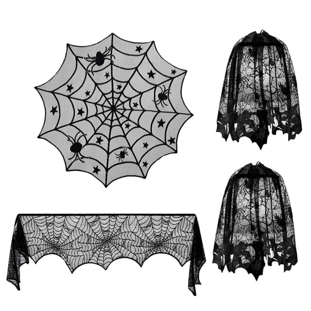 

4 Pcs Decorations Lace Tablecloth Spider Web Tablecloth (Black)