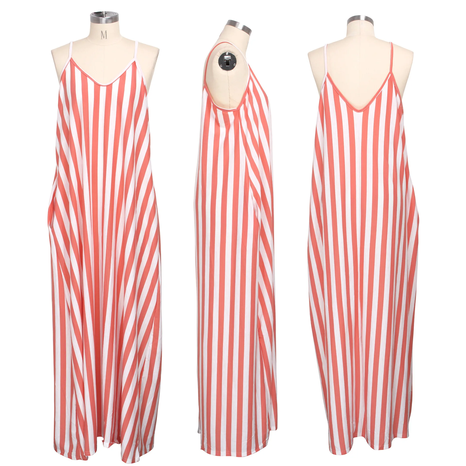 

European and American summer casual Stripe Print Dress Fashion loose U-neck women's suspender vest long skirt