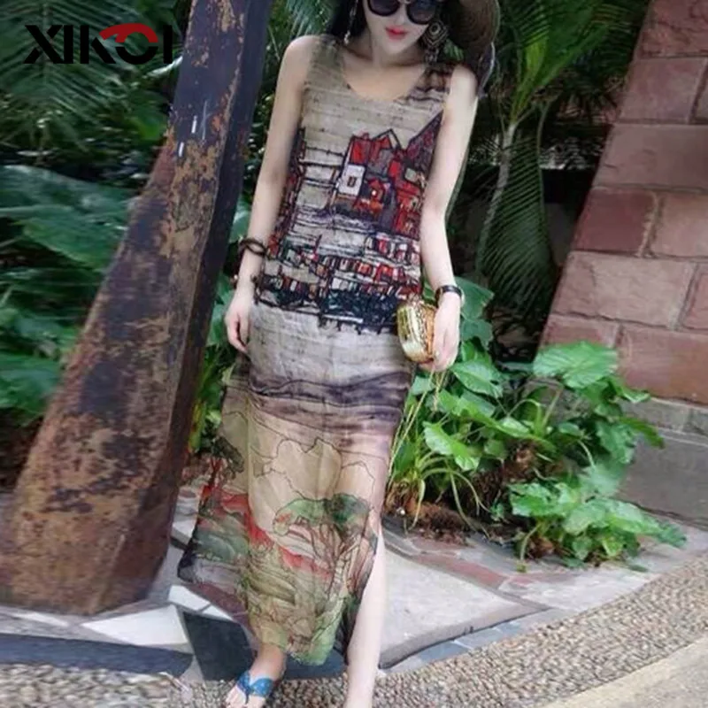 Платье-туника летнее женское без рукавов в пол | Женская одежда