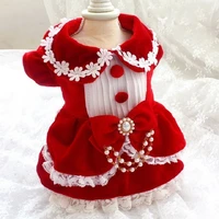 handmade adorable apparel dog clothes pet dress lolita princess cat christmas doll luxury red velvet pearl bow poodle maltese