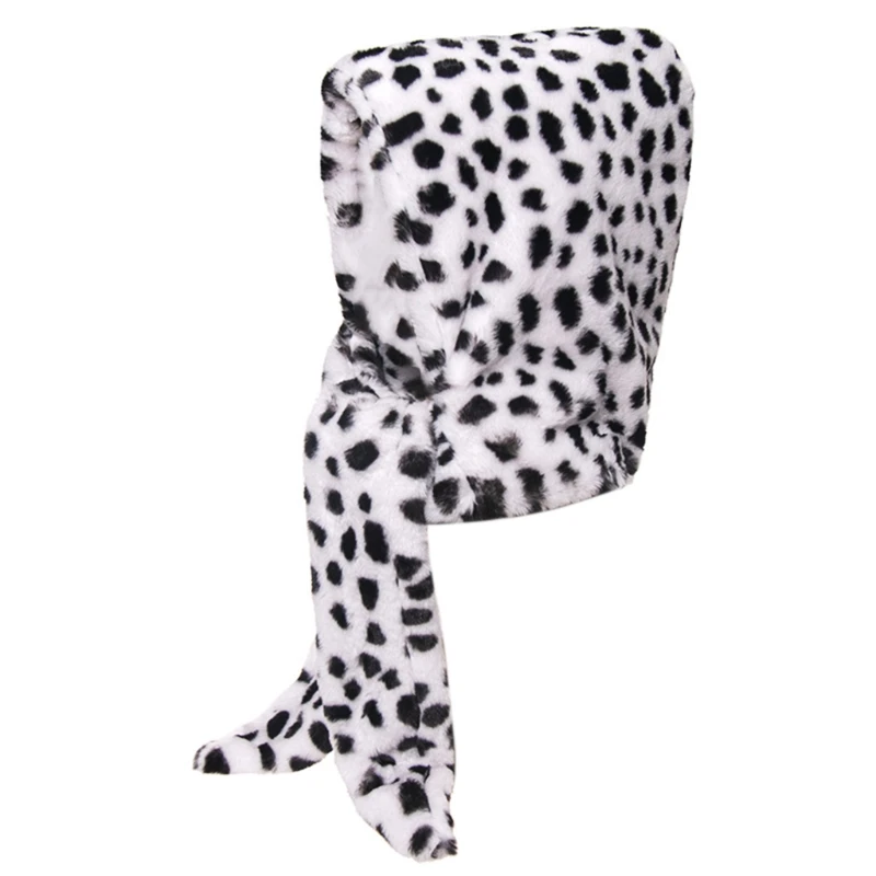 

Winter 2 In 1 Fluffy Plush Warm Hooded Long Scarf Hat Animal Print Earflap Cap U90E