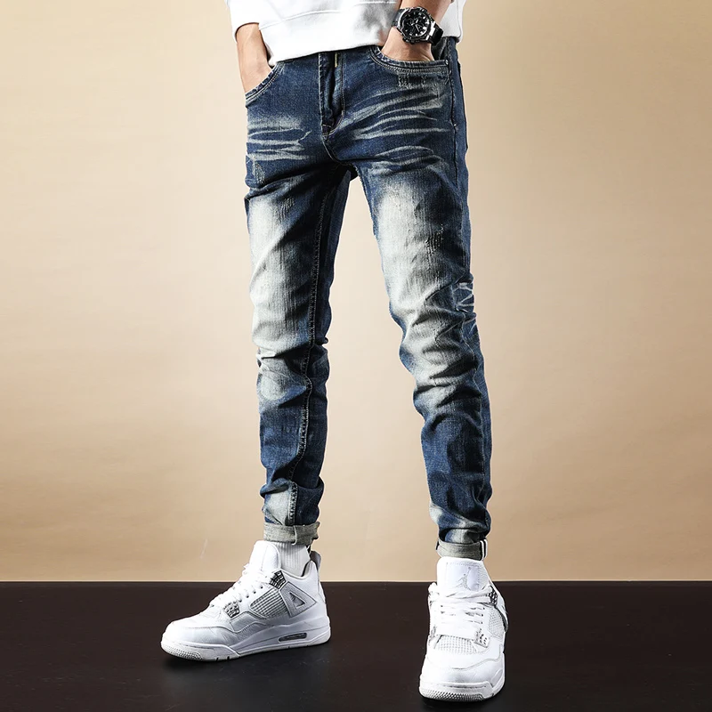 

Мужские джинсы в стиле ретро, Синие рваные Эластичные зауженные джинсовые брюки, винтажные дизайнерские хлопковые брюки-карандаш в итальян...
