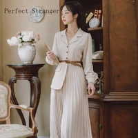 vintage 2021 autumn new arrival casual tailored collar long sleeve solid color collect waist pleated women long dress belt