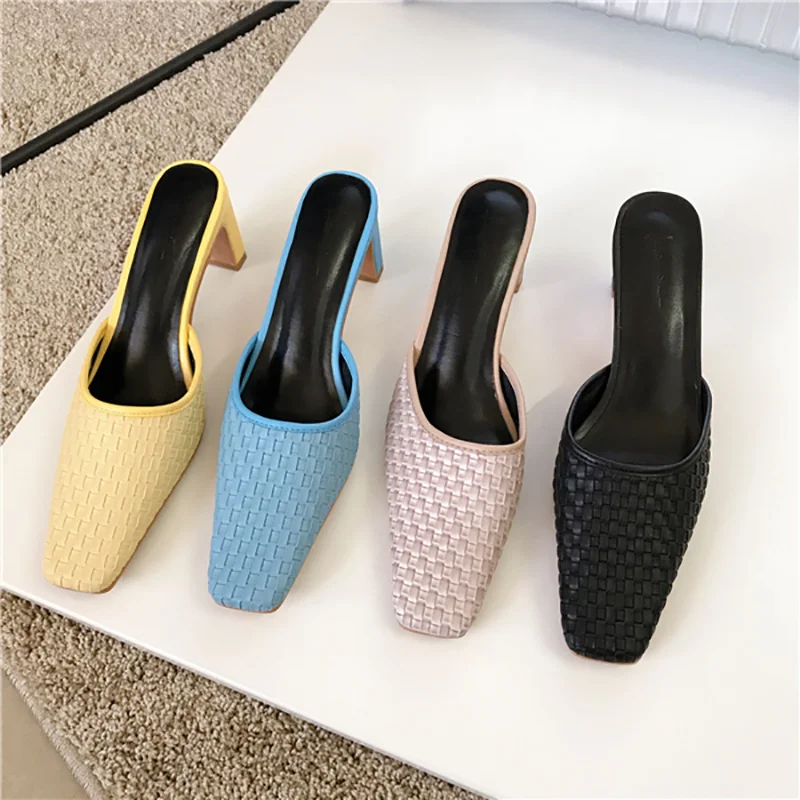 

Fashion Women Slippers 2021 New Arrivals Square Toe Weave Colorful Slippers Slides Thick High Heels Shallow Slip On Mules Blue