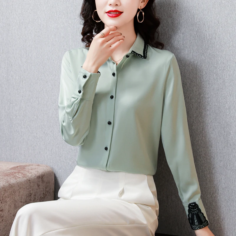 

Шифоновая однотонная женская блузка, свободная кружевная рубашка-поло для девочек, сезон весна-осень, повседневный Топ с длинным рукавом, м...