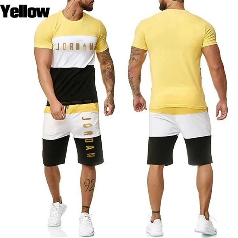 

2021 The new Summer Men Set Fitness Suit Sporting Suits Short Sleeve T Shirt + Shorts Quick Drying 2 Piece Joining Together Set