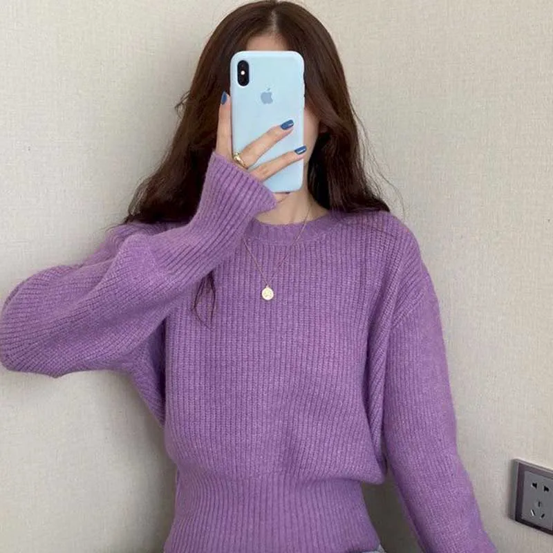 

Autumn Round Neck Sweater Korean Version Round Neck Puff Sleeve Short Knit Sweater Design Loose Outer Wear Sweater Women 2021 Ne
