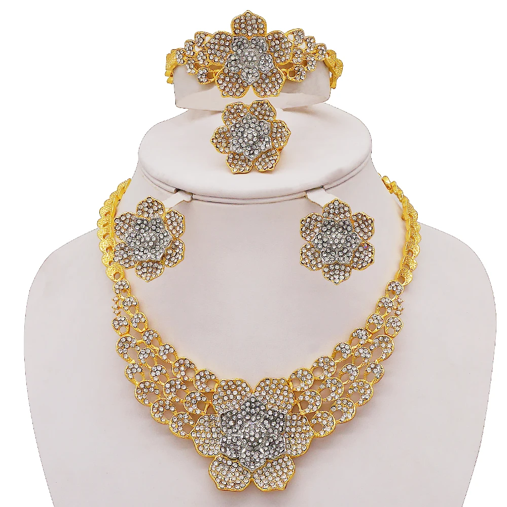 

New Design Jewellery Set Luxury Necklaces Set Earrings Ring Bracelet Crystal Jewerly Charms Flower Shape Jewelry Set