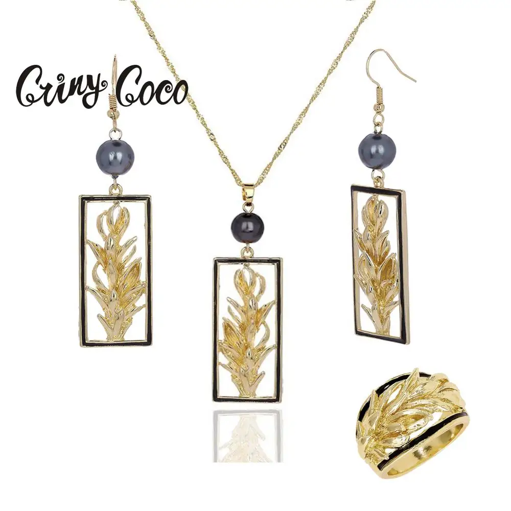 

Hawaiian Gold Jewelry Pearl Set Trendy Plant Drop Earrings Polynesian Rings Chian Necklaces Sets Party Wholesale 2020 for Women