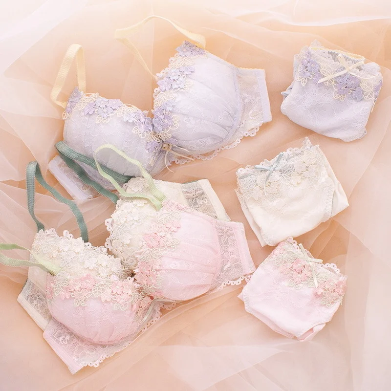 Japanese Cute Sweet Push Up Bras For Women Plus Size Underwear Lingerie Intimates Embroidery Floral Flower Comfort Bra Bralette