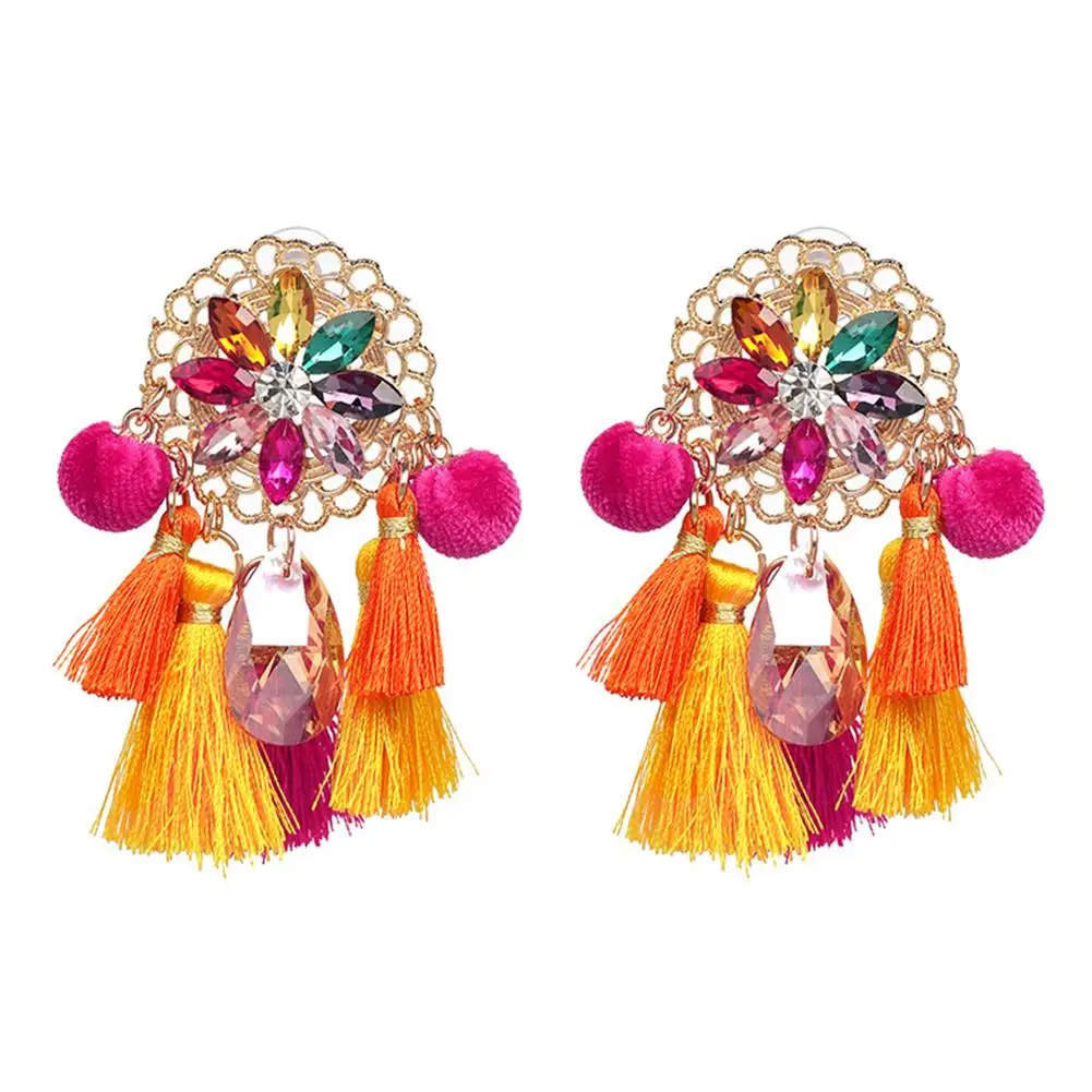 Boho Women Rhinestone Tassel Pompom Dangle Stud Earrings Long Statement Jewelry | Украшения и аксессуары