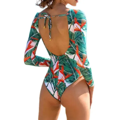 Лидер продаж женское бикини с принтом и длинным рукавом открытой спиной Цельный