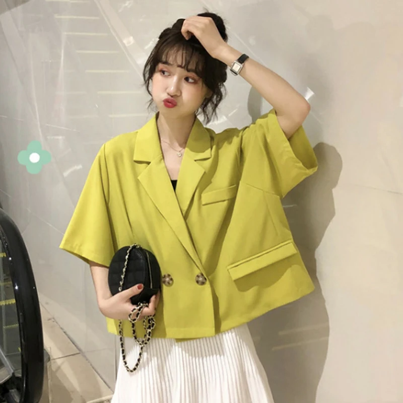 

Large size short solid color small suit jacket Women summer new style Korean loose casual thin short-sleeved suit jacket Female