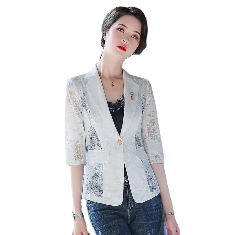 White Chiffon Lace Blazer women's spring summer short thin casual women's  coat girl jacket 3 quater sleeve