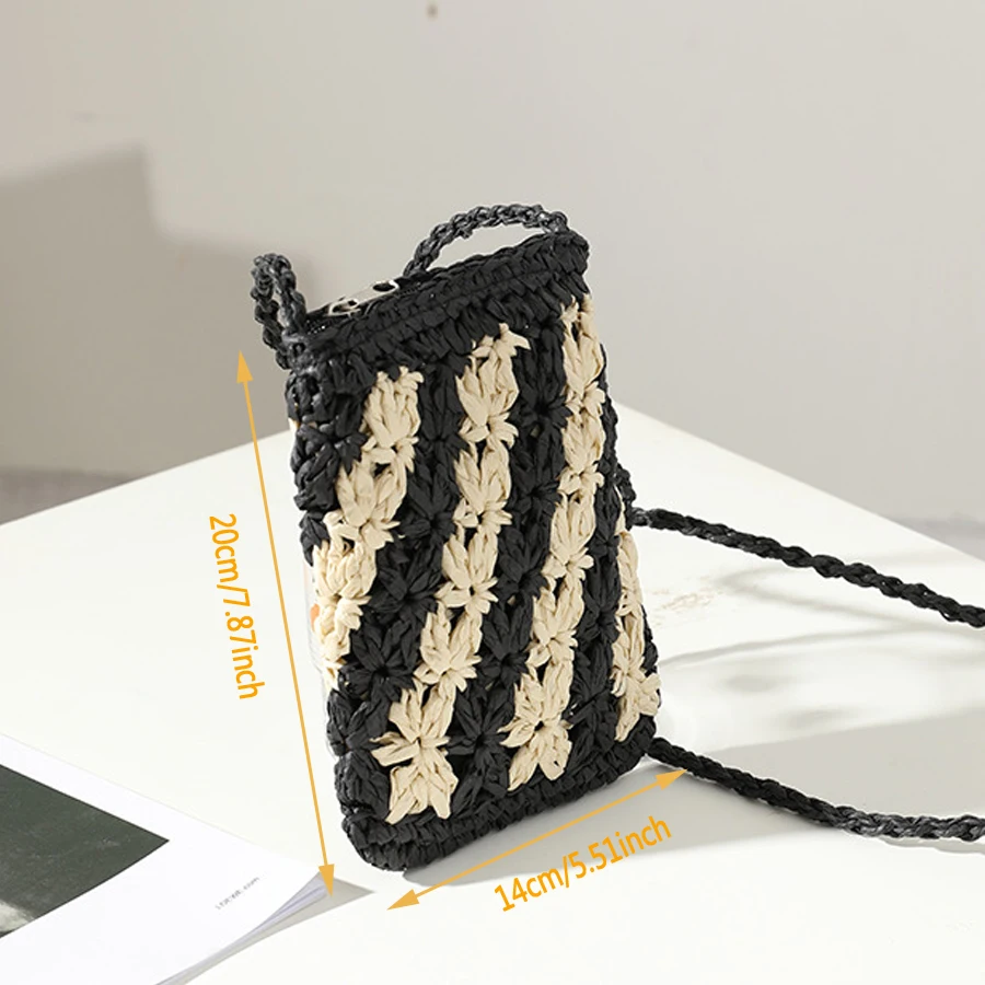 

Fashion Mini Straw Woven Shoulder Bags Women Flower Stitching Color Mobile Phone Bag Casual Hand-woven Crossbody Bags Lady Purse