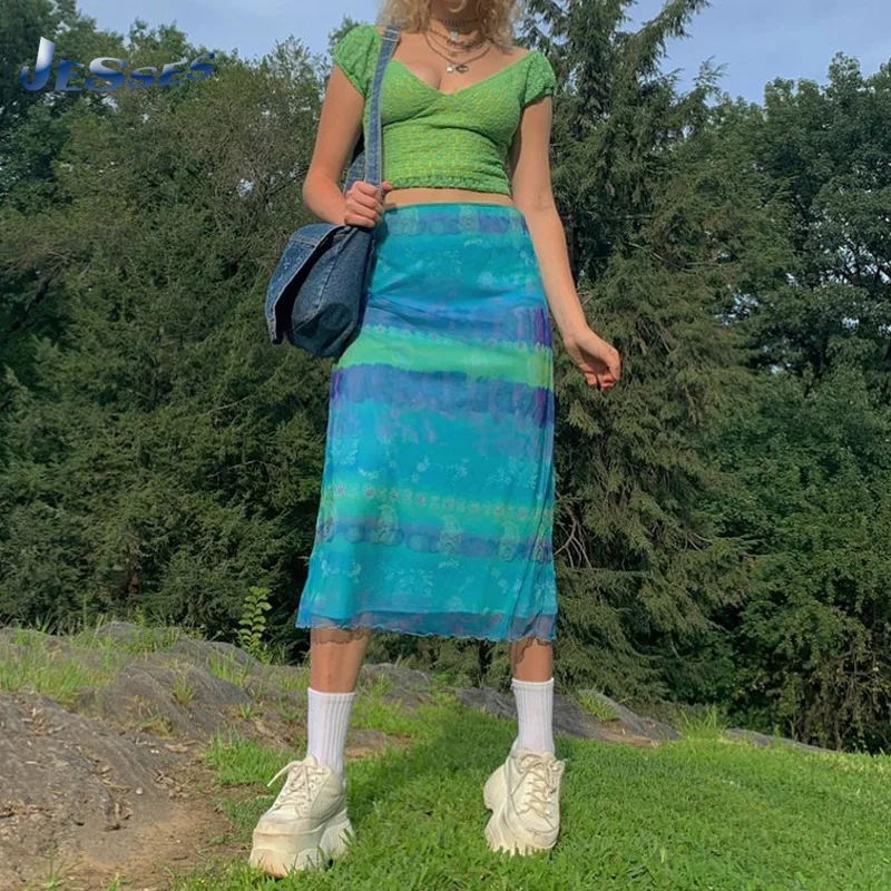 

2021 Y2k Girls Skirts Elegant Mid-Calf Skirts For Ladies Vintage Summer Holiday Long Skirts Cute Sweet Party Slim Skirt Femenino