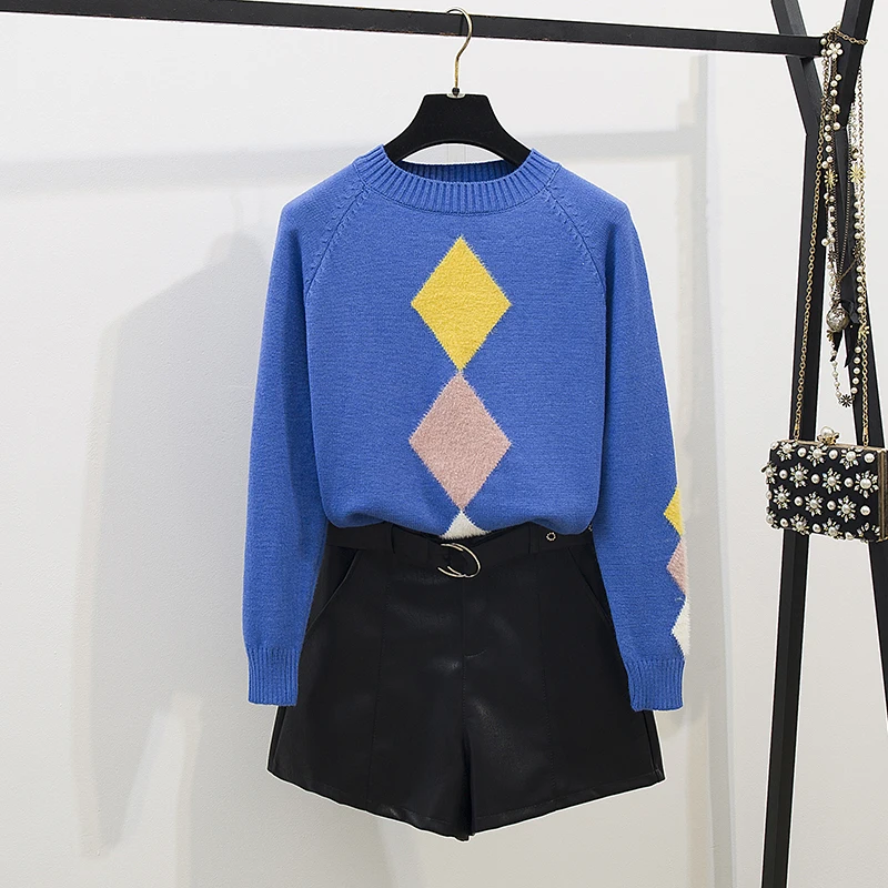 Women Design Jacquard Sweater Institute Style New Autumn Winter Korean Fashion Joker Loose Knitted Top PU Leather Shorts Sweet |