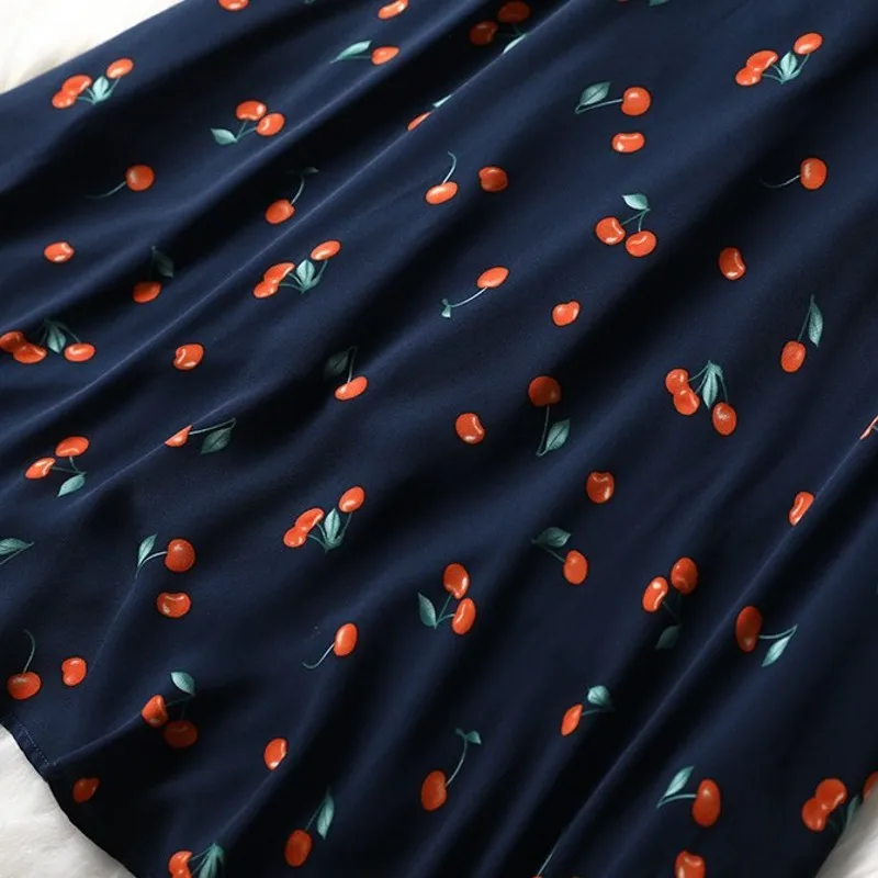 

Qualities Women Summer Cherry Priting Short Sleeve V-Neck Chiffon Dresses High Waist Sashes Knee Length Plus Size 5XL Dresses