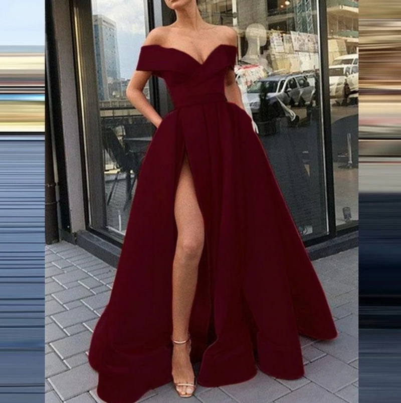 

2021Summer New Hot Selling Off Shoulder Sexy V-Neck High Split Short Sleeve A-Line Evening Dress Party Dress Backless Prom Dress
