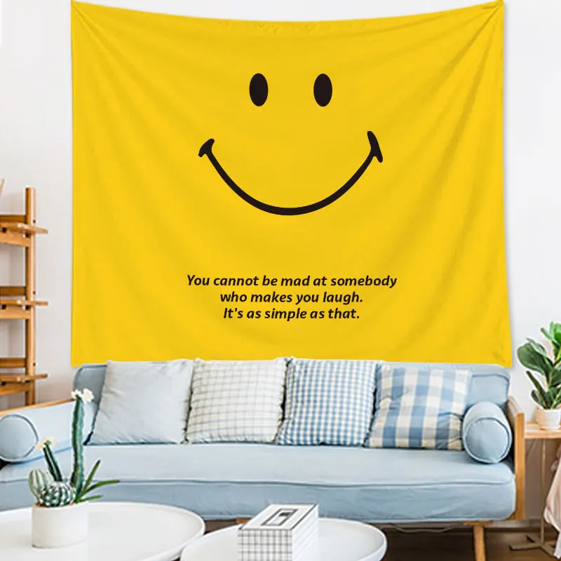 

Cartoon Yellow Smile Face Pattern Hanging Tapestry Decor Dorm Background Wall Happy Everyday Fabric Polyester Tapestries Curtain